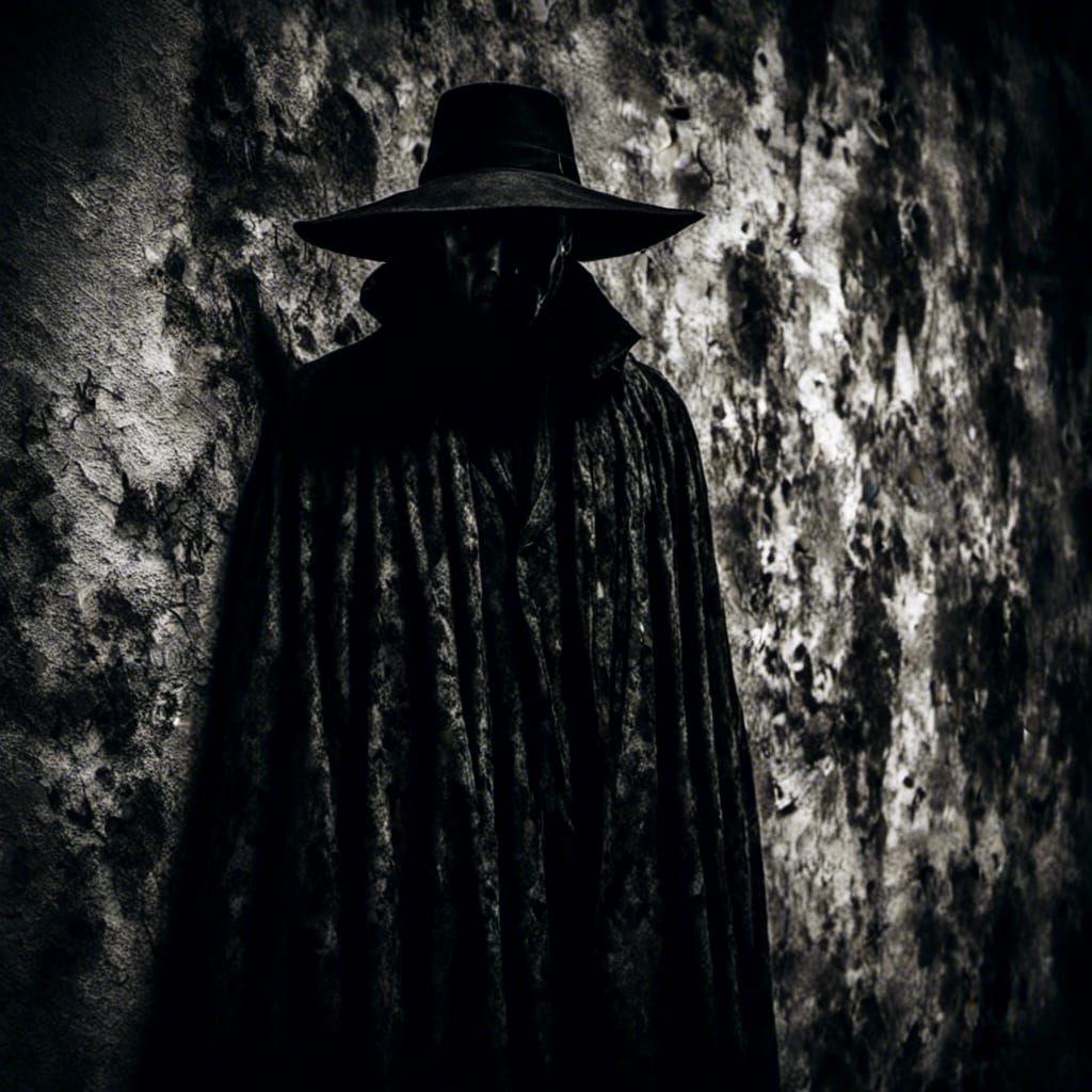 The silhouette of the mysterious man in a hat and cloak is s...