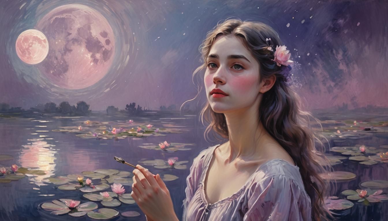 Dreamy Woman Gazing at Moon in Impressionist Style
