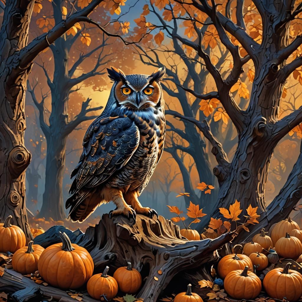 Great Horned Owl in an Autumn Fantasy