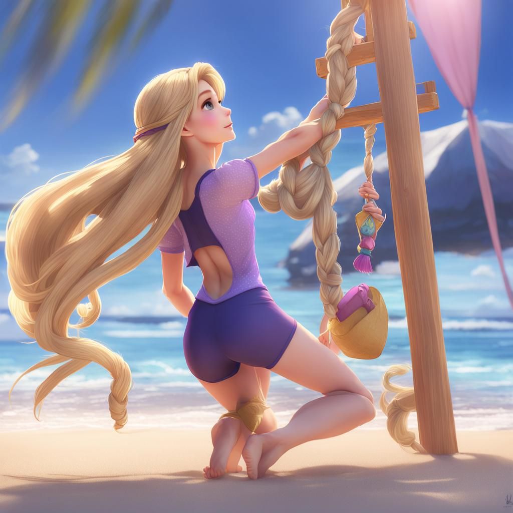 Rapunzel in a Vibrant Beachside Swimsuit Scene
