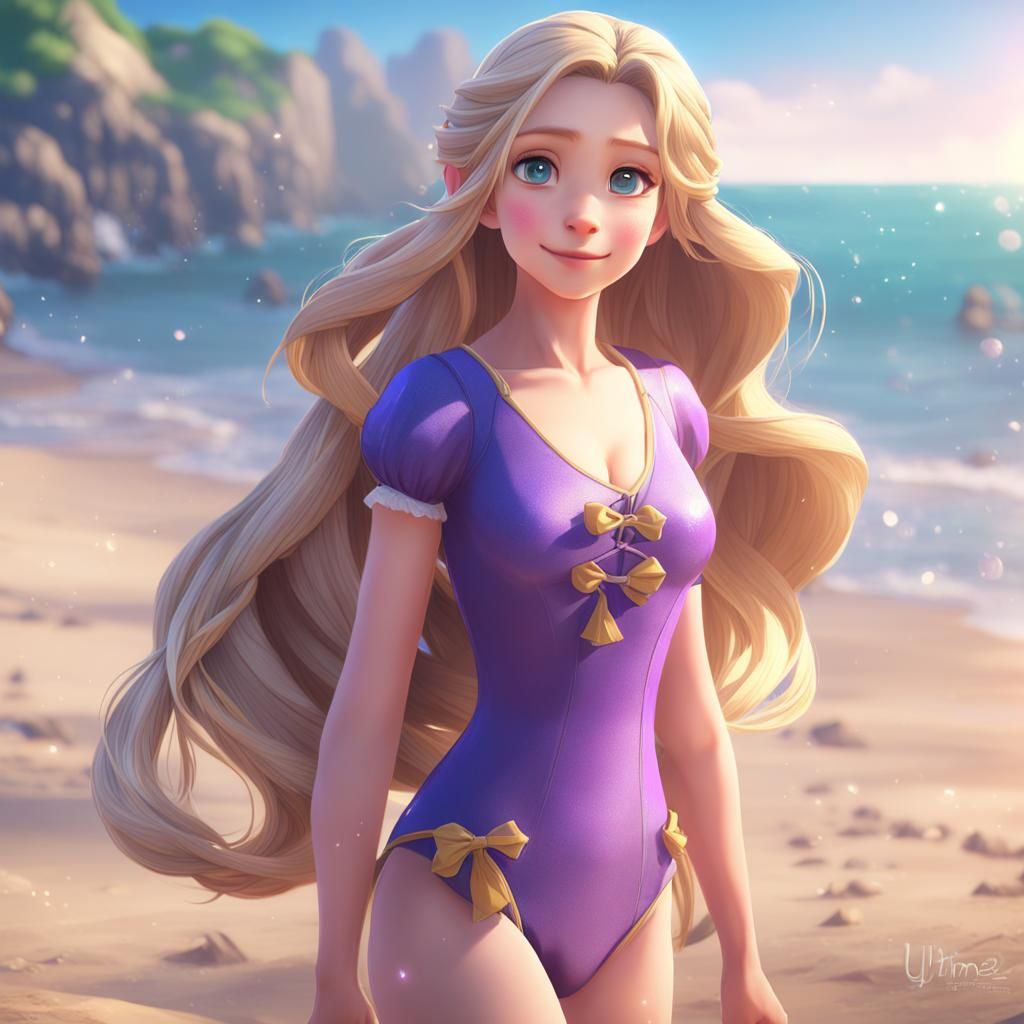 Rapunzel in a Vibrant Beach Swimsuit, Anime Style