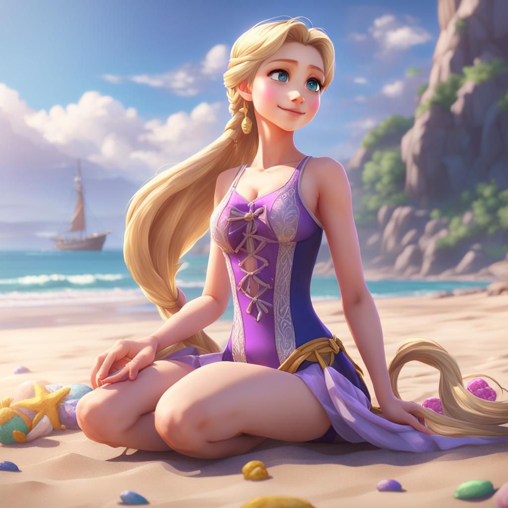 Anime-Inspired Concept Art of Rapunzel in a Swimsuit on a Be...