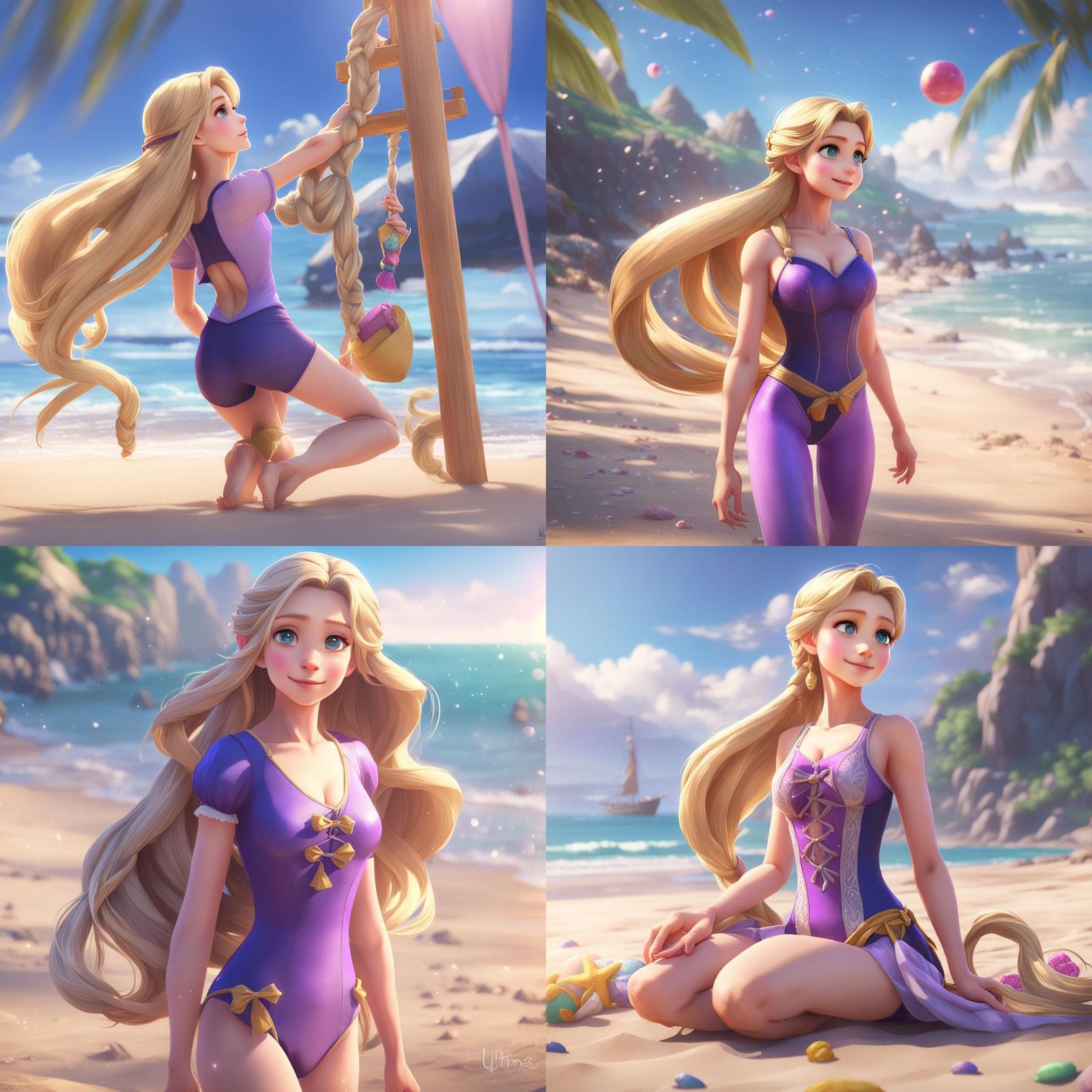 Rapunzel on the Beach in Anime Style