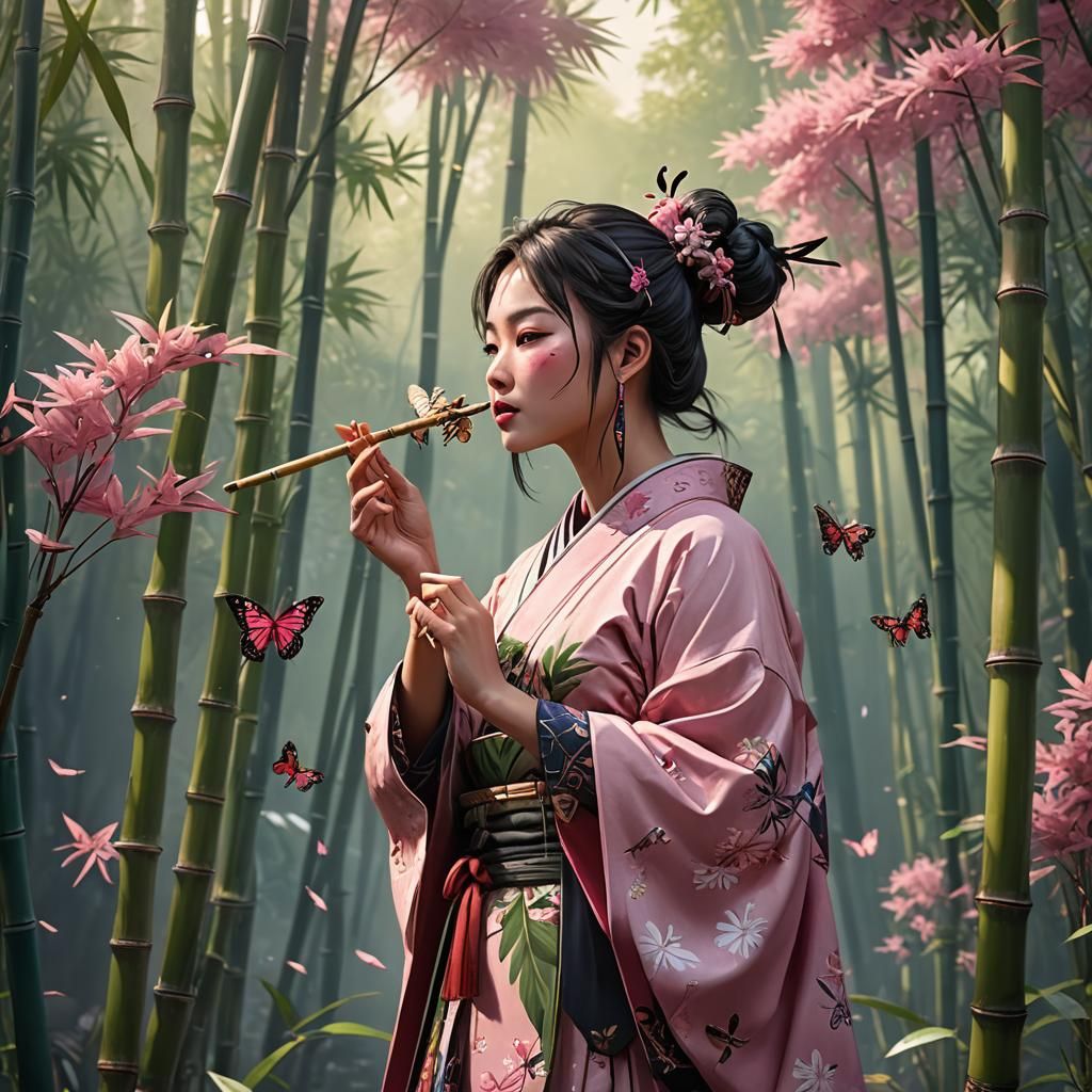 Girl With Butterfly in Japanese Dress, Detailed Painting