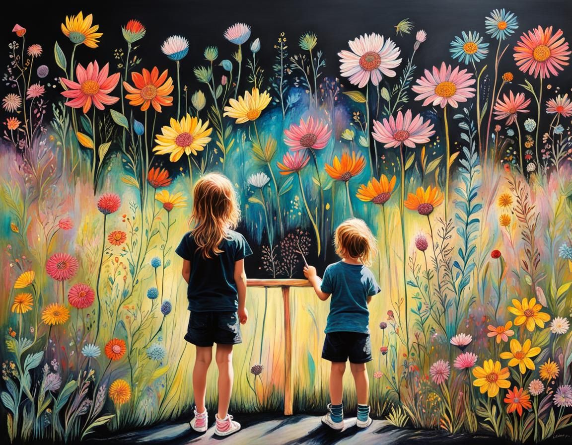 Children's Pastel Chalk Wildflower Meadow Drawing