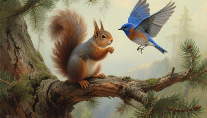 Squirrel and Bluebird Embrace on Fir Branch