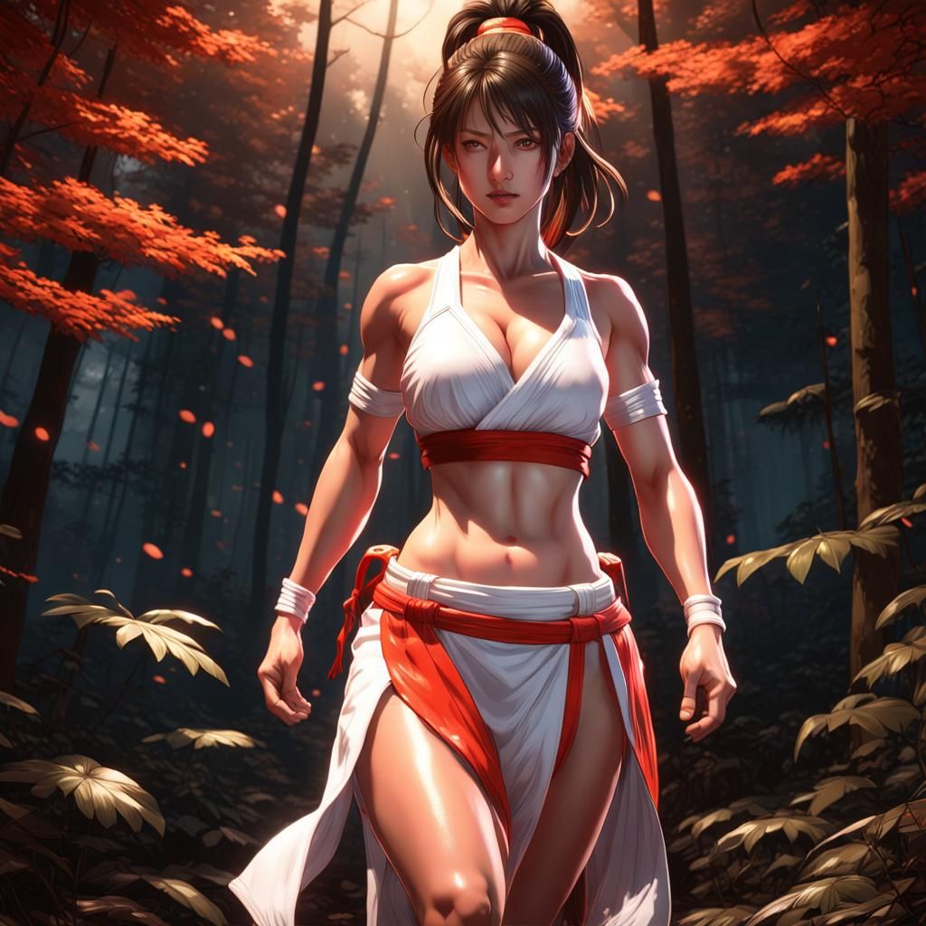Hyperrealistic Mai Shiranui with Muscles in Forest at Night
