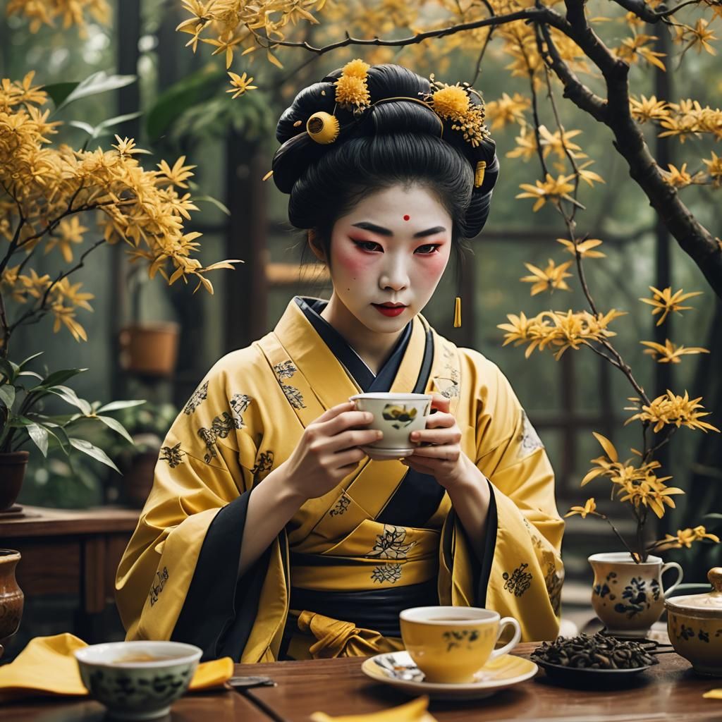 Geisha Drinking Tea with Falling Tea Leaves