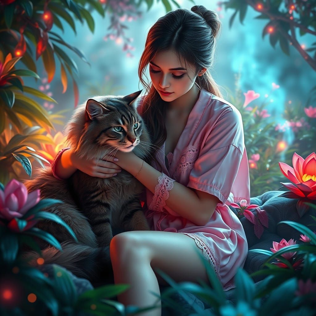 Woman and Cat in Whimsical Setting