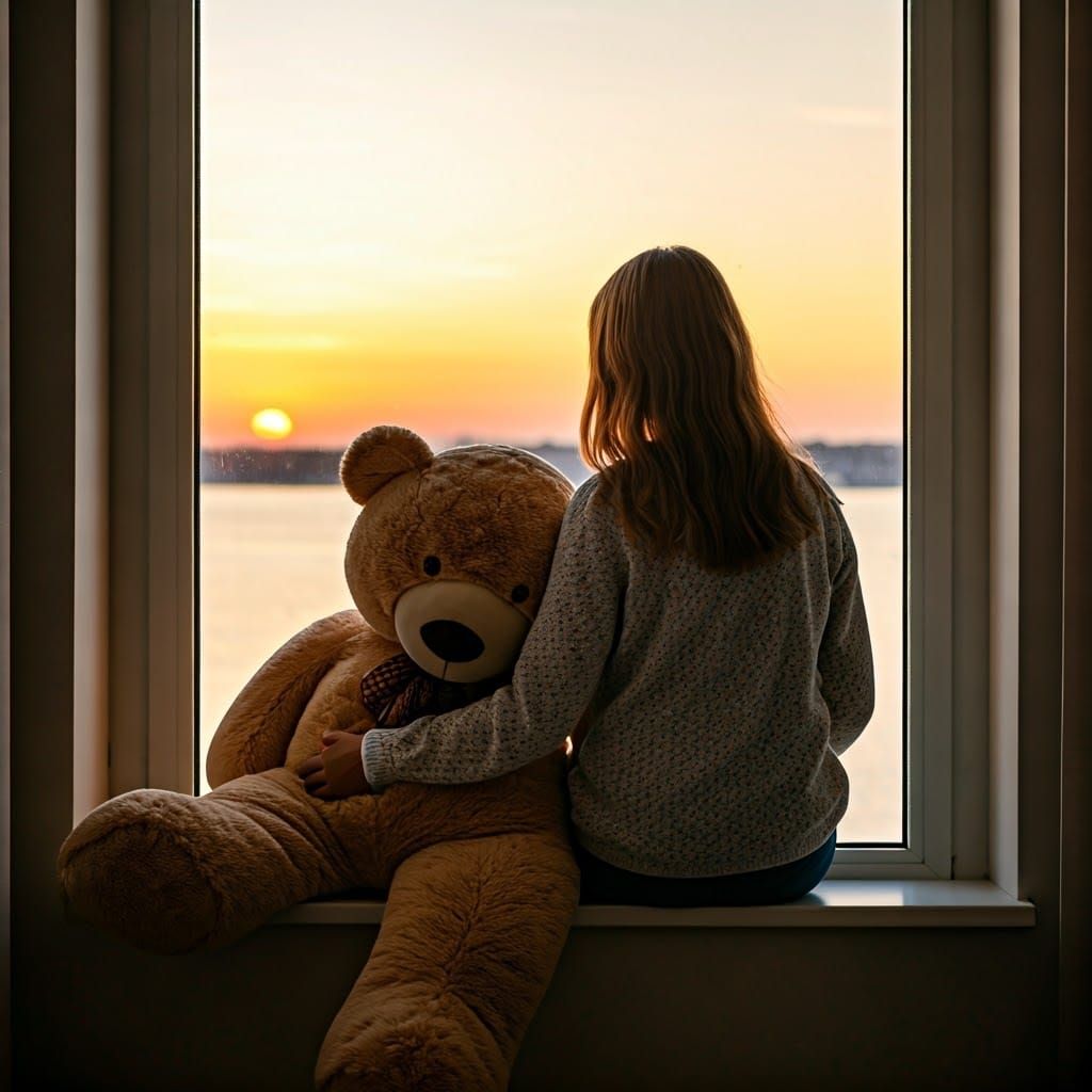 Girl with Teddy Bear at Sunset