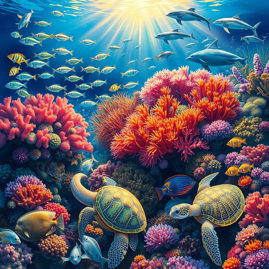 Bioluminescent Fish in Vibrant Coral Reef, Impressionist Sty...