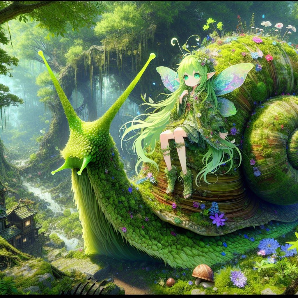 Anime Fairy on Giant Snail in Deep Forest