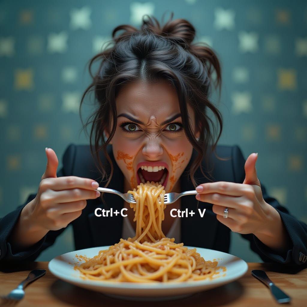 Woman Manically Eats Spaghetti, Mimicking Copy-Paste