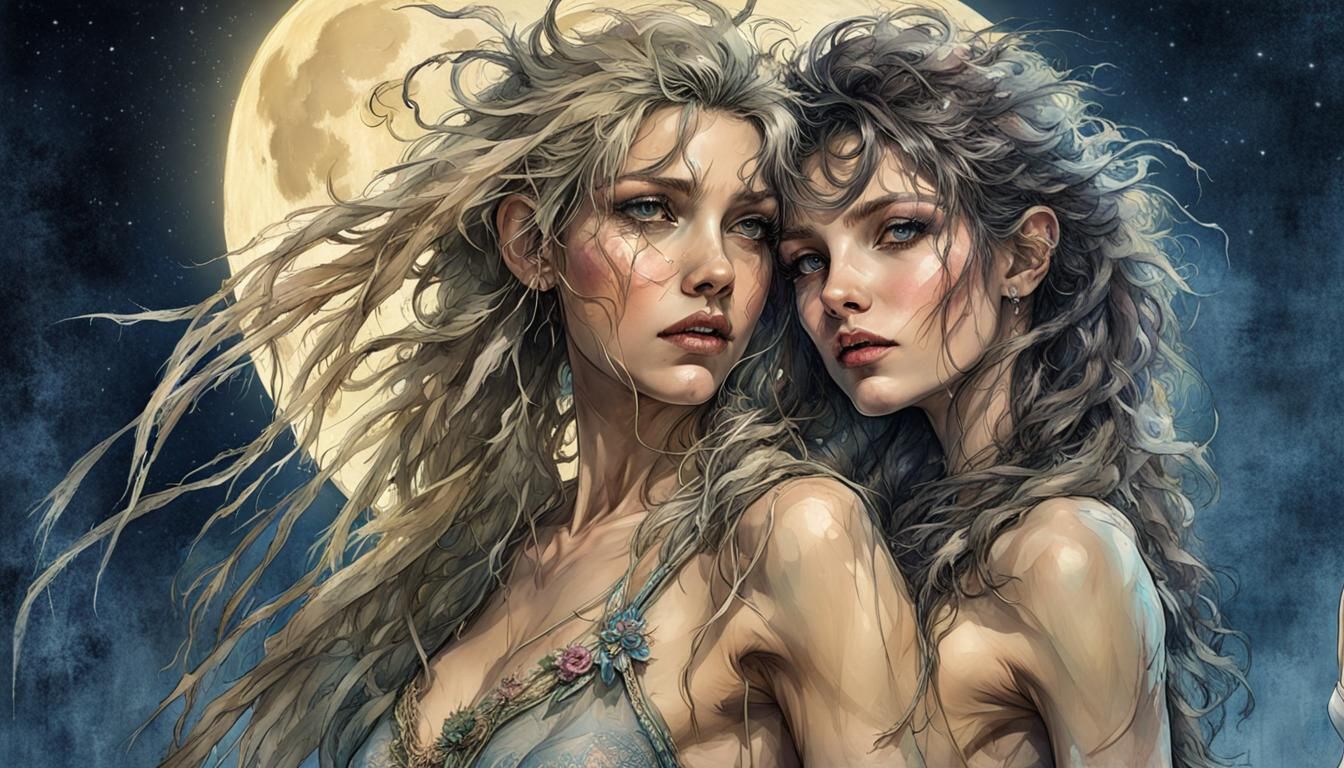 Ethereal Women Under Moonlight: Arthur Rackham Style