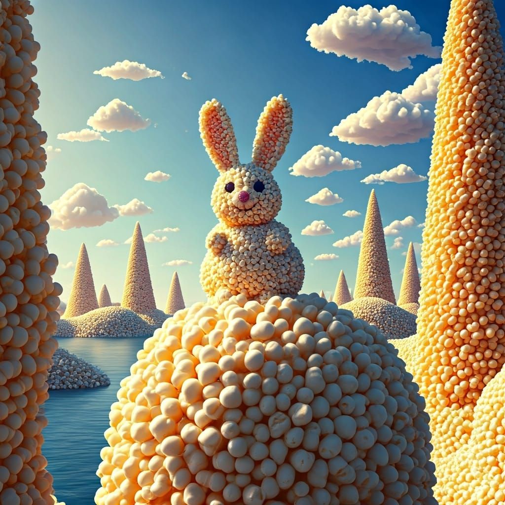 Popcorn Landscape with Bunny in Popcorn Art Style