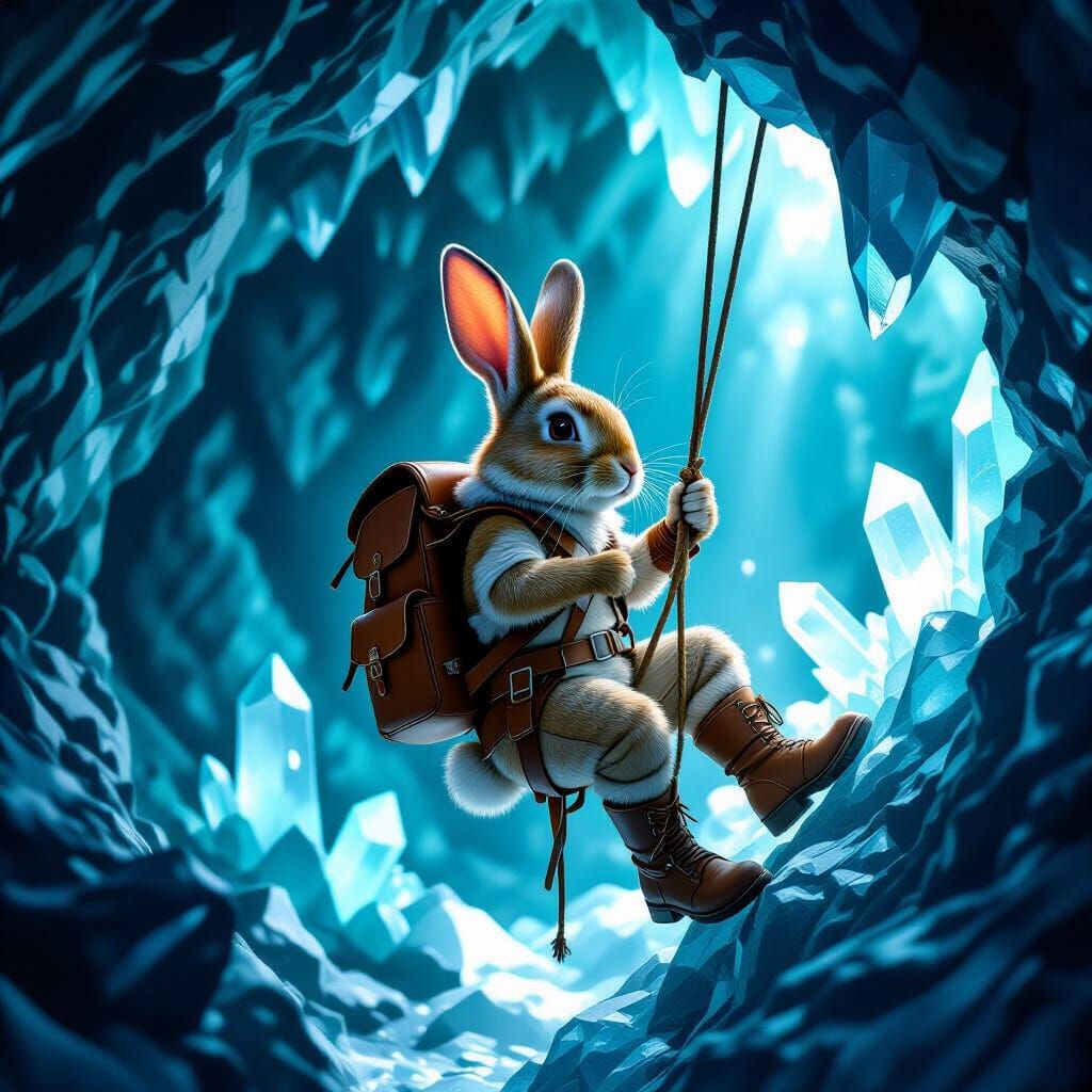 Rabbit Adventurer Rappels Down Glowing Crystal Cave