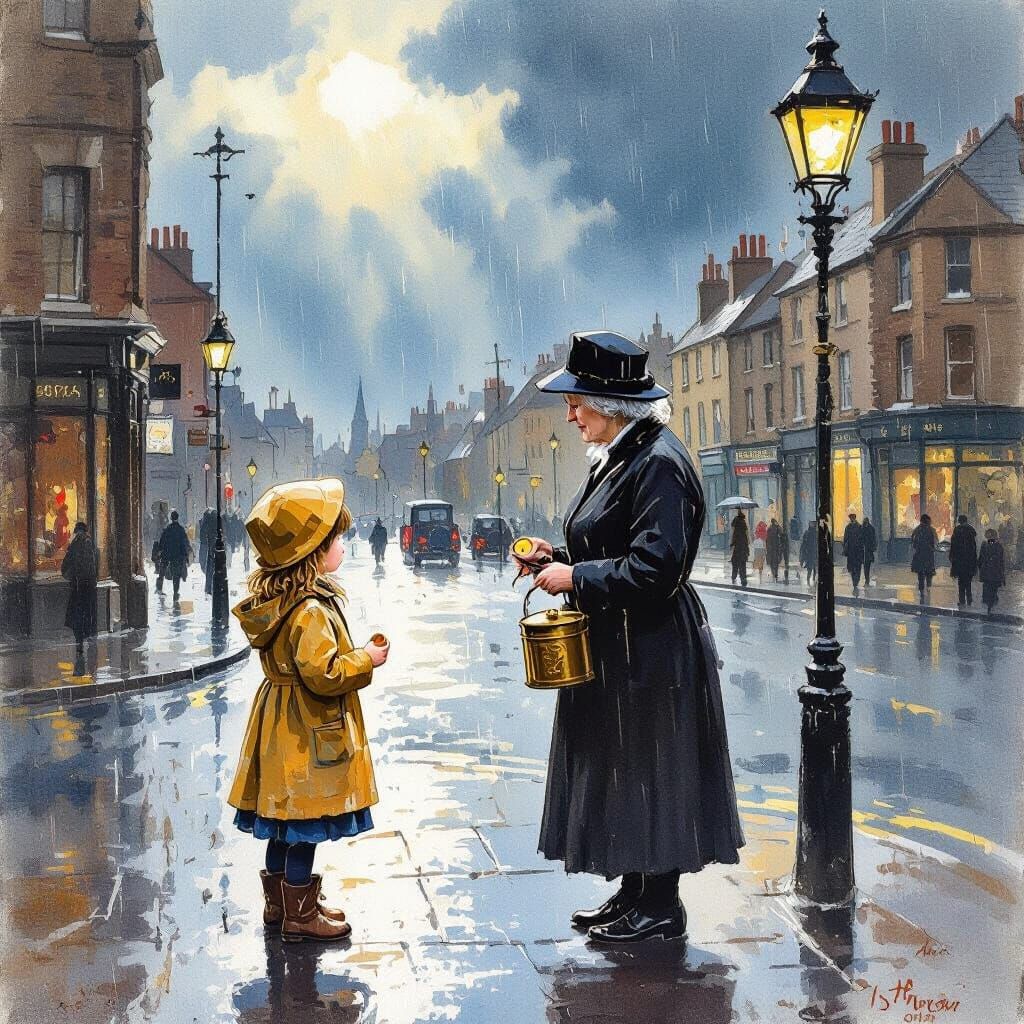 Girl Donates to Salvation Army, Watercolor Painting