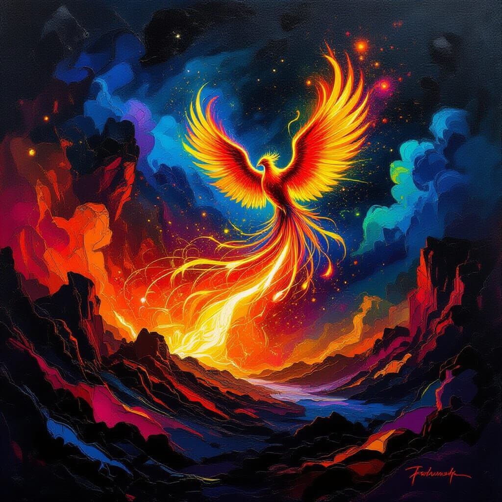 Volcanic Firebird in Chaotic Midnight Landscape