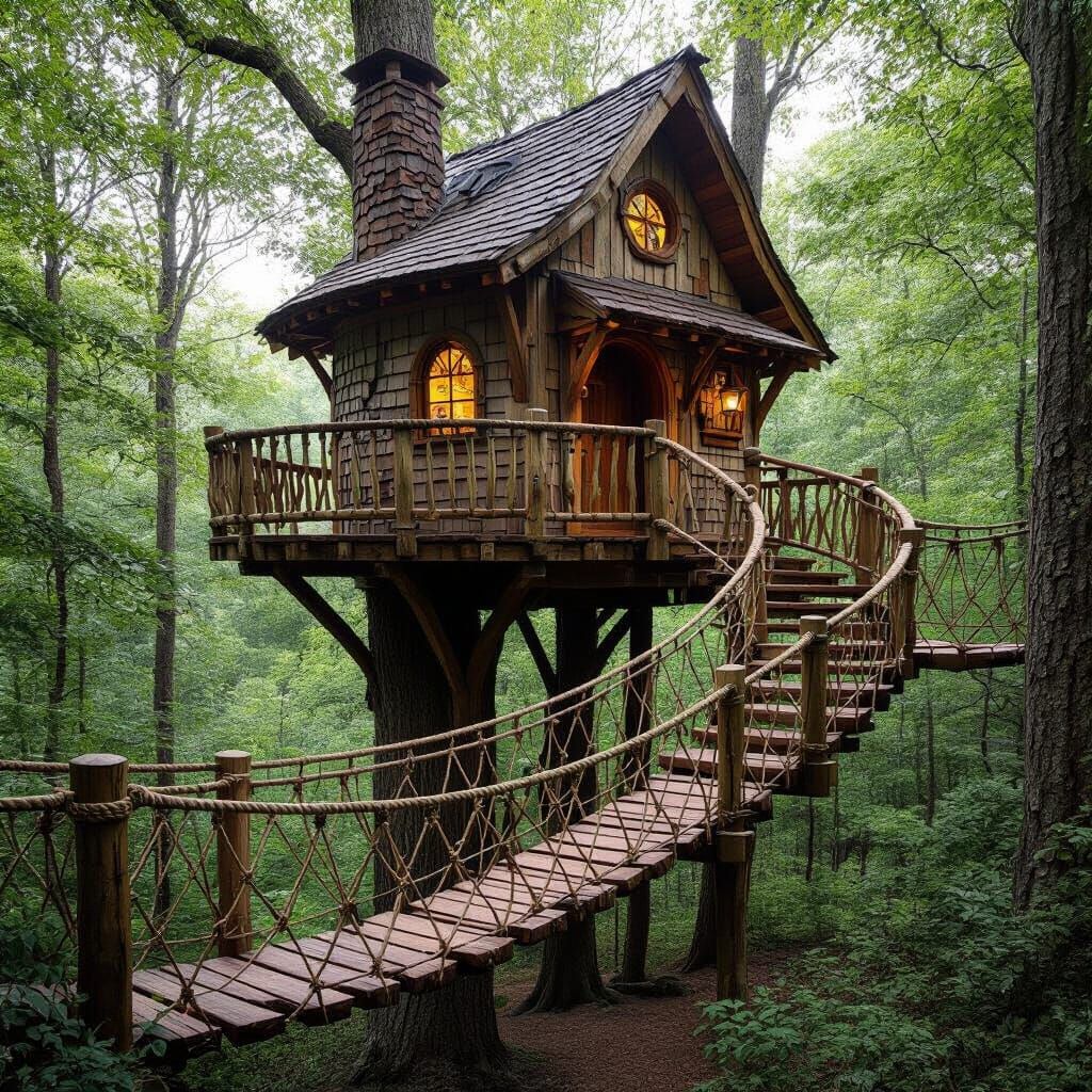 Realistic Rustic Treehouse with Rope Bridge and Spiral Stair...