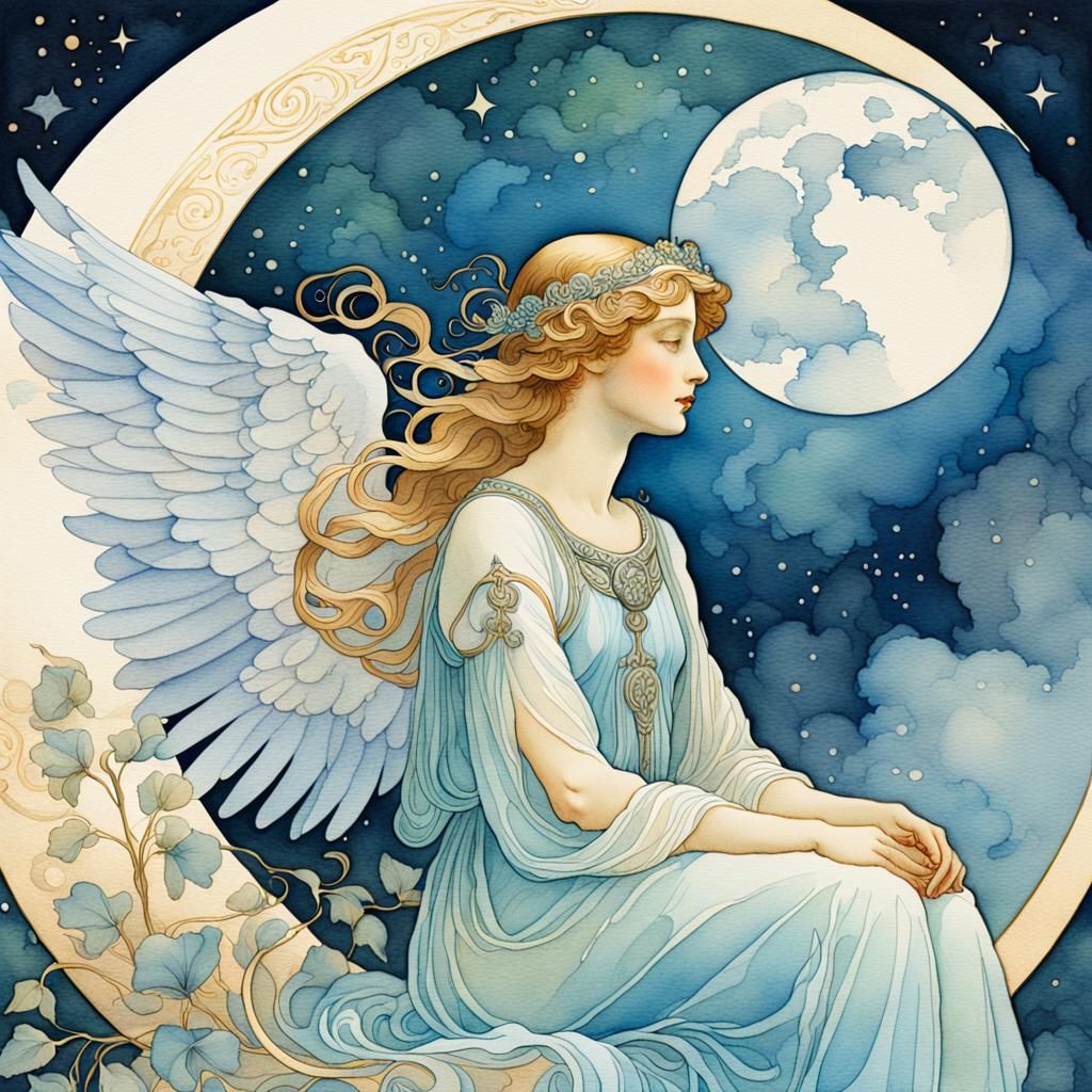 Art Nouveau Angel on the Moon in Watercolor