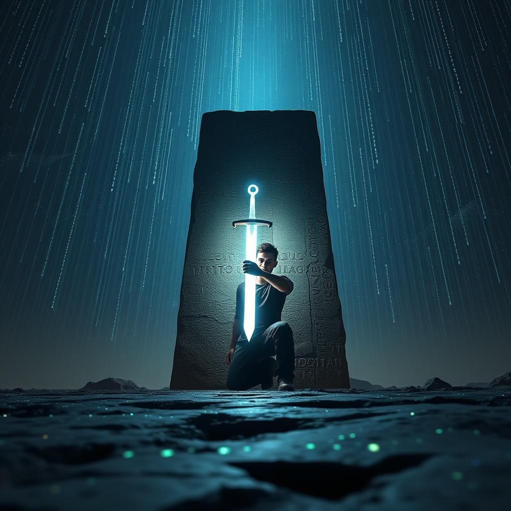 Heroic Figure Pulls Sword from Digital Monolith