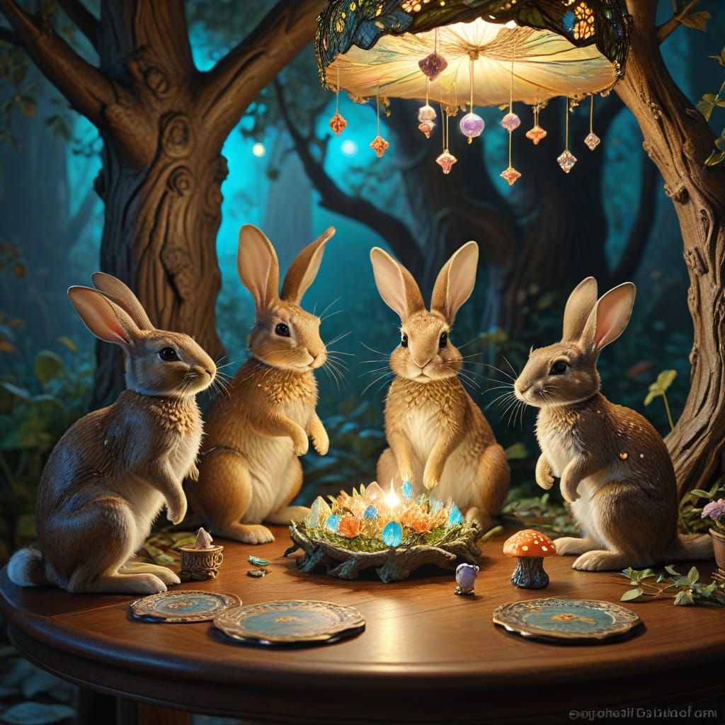 Anthropomorphic Rabbits in a Whimsical Art Nouveau Scene