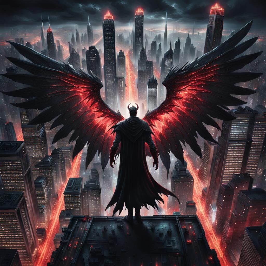 Menacing Winged Figure Above Cityscape in Dark Fantasy Art