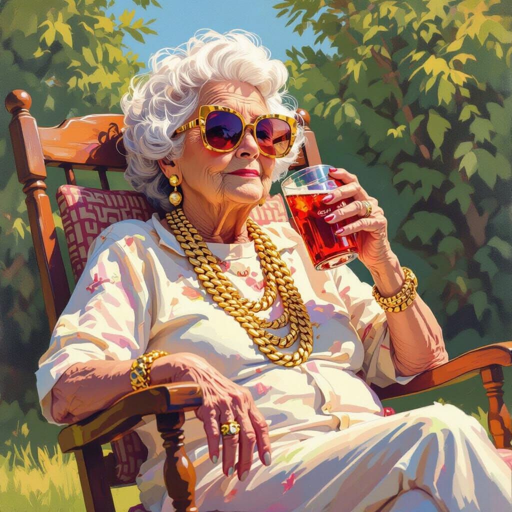 Grandma Sipping Cola in Hockney-Inspired Pop Art