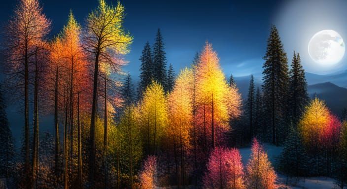 Glowing Rainbow Crystal Trees in Magical Forest