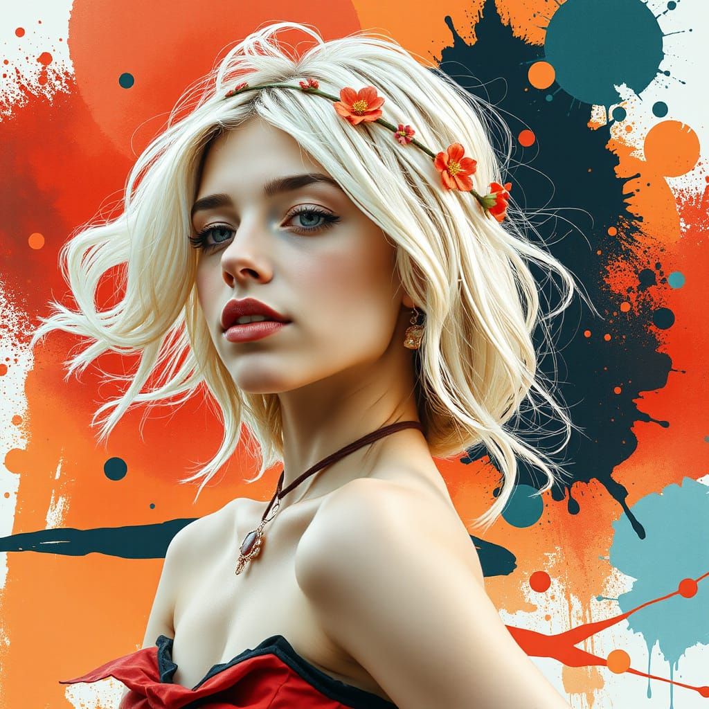 Sensual Watercolor Portrait of a Young Woman with Flowers in...