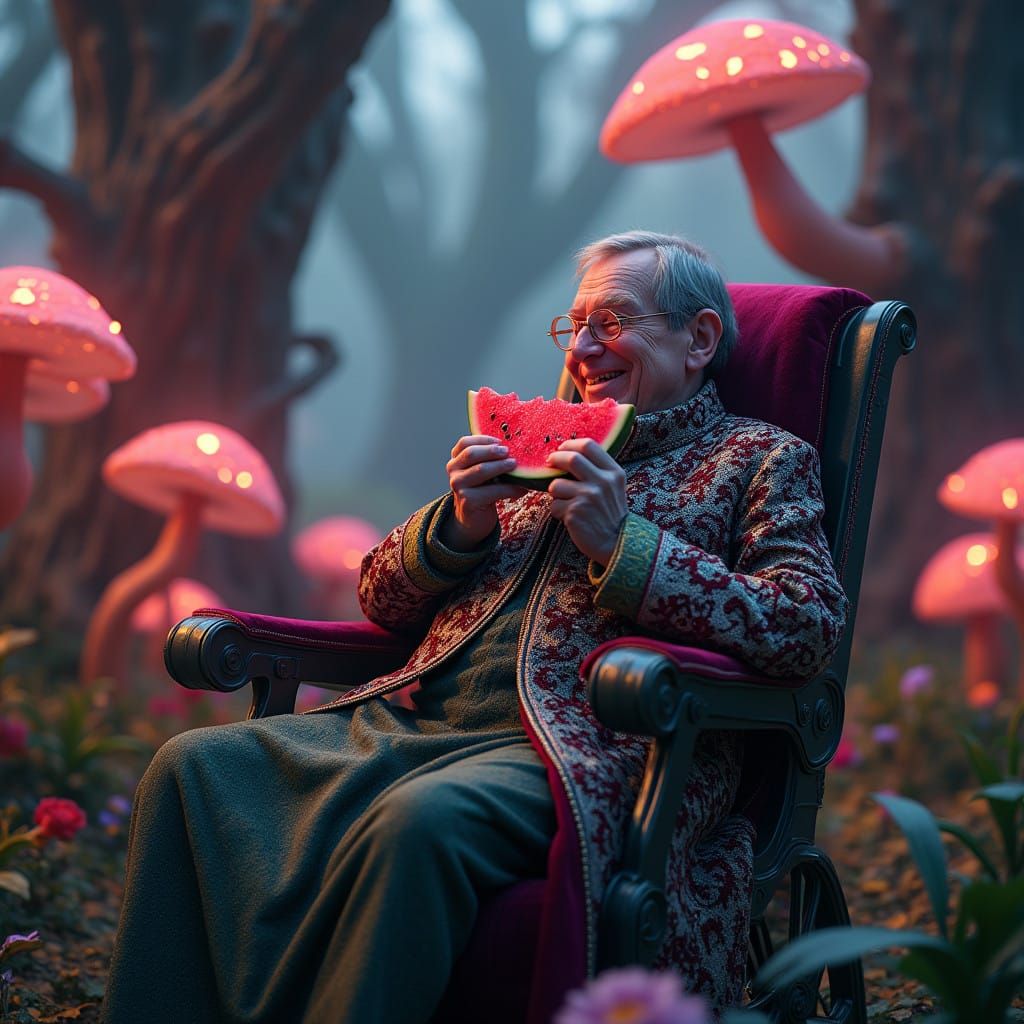 Stephen Hawking in a Vibrant, Fantastical Garden