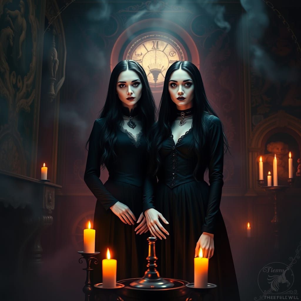 Elegant Addams Sisters in Candlelit Chamber