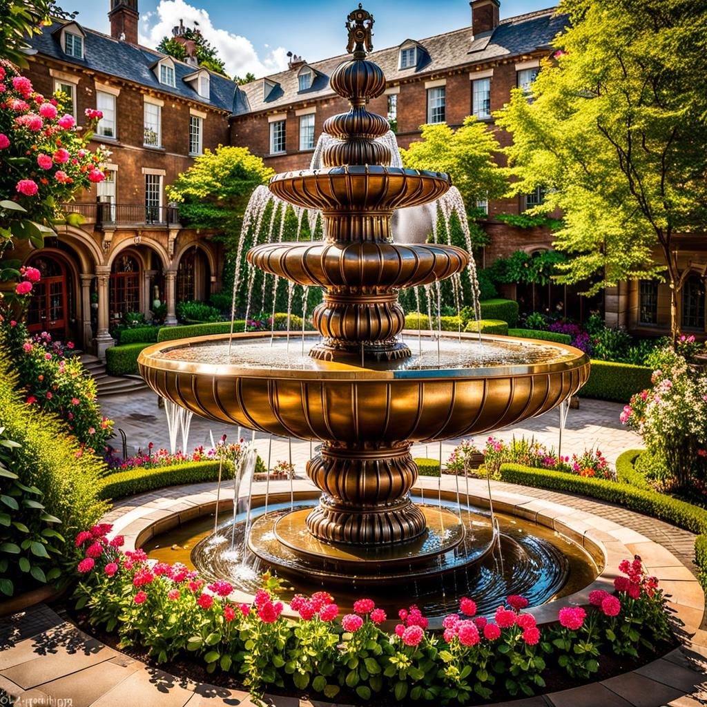 Serene Steampunk Fountain in an English Garden