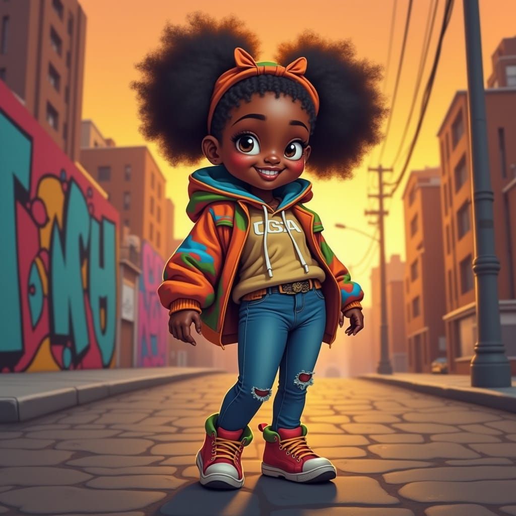 Confident Young Girl in Vibrant 1980s Motown Style Graffiti ...