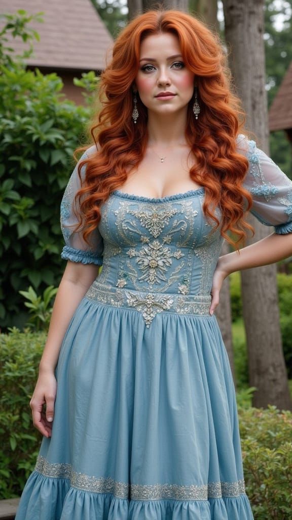 Stunning Red-Haired Woman in Embroidered Dress, Hyperrealist...