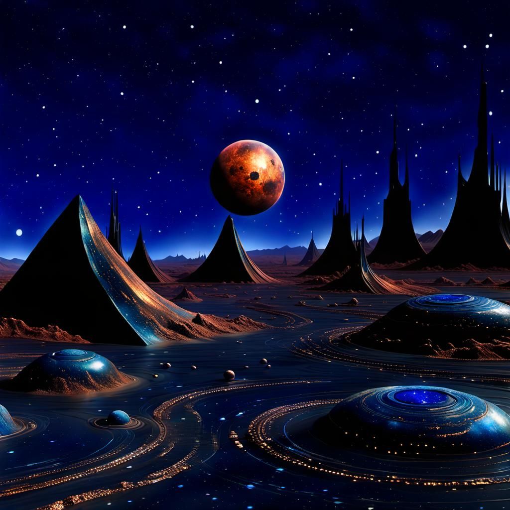 Alien Landscape with Metallic Structures and Nebula
