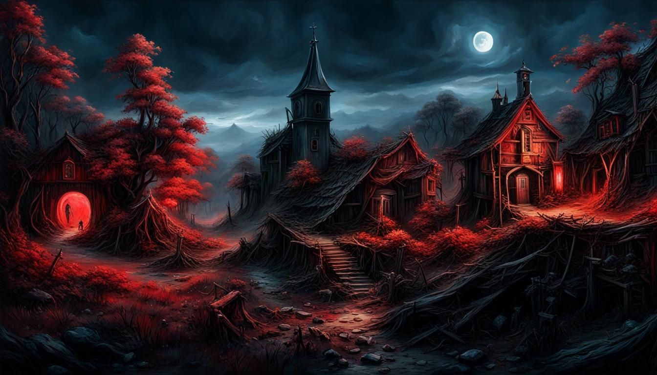 Macabre 1820s Village Landscape with Grim Reaper