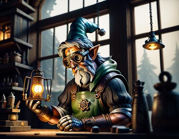 Gnome Repairs Automaton in Mystical Workshop