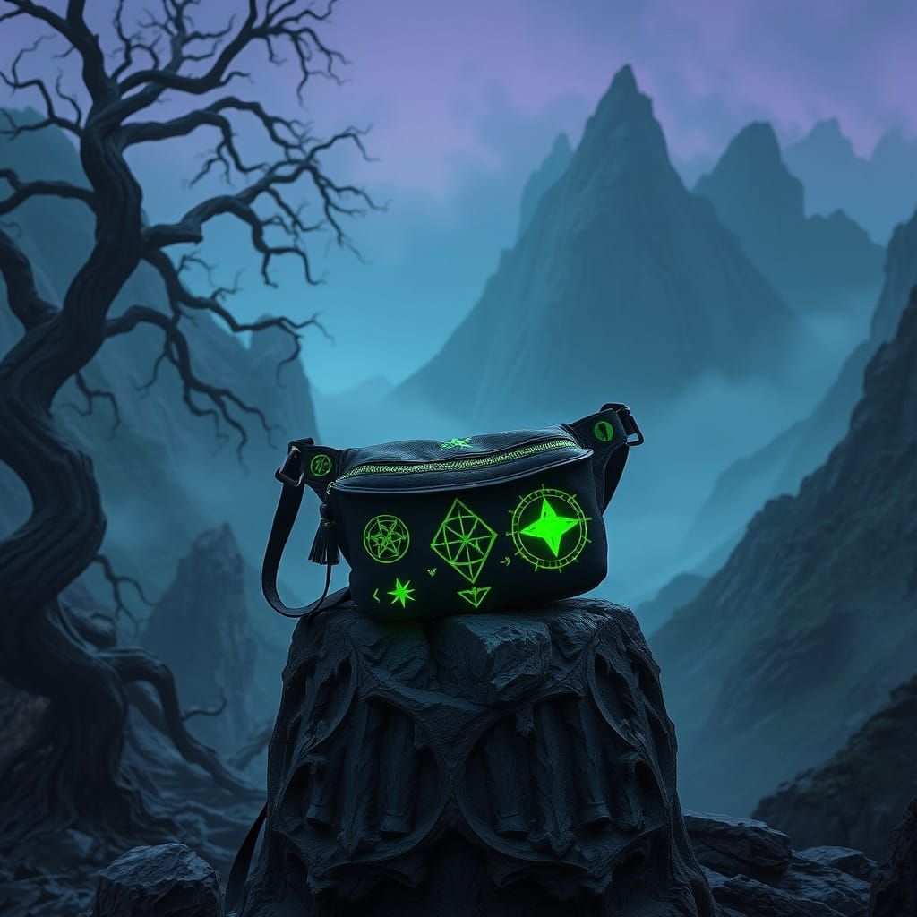 Mystical Bag of Wonders in a Dark, Fantastical Landscape