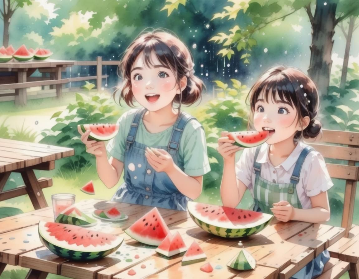 Brother and Sister Enjoy Watermelon: Ghibli-Style Watercolou...