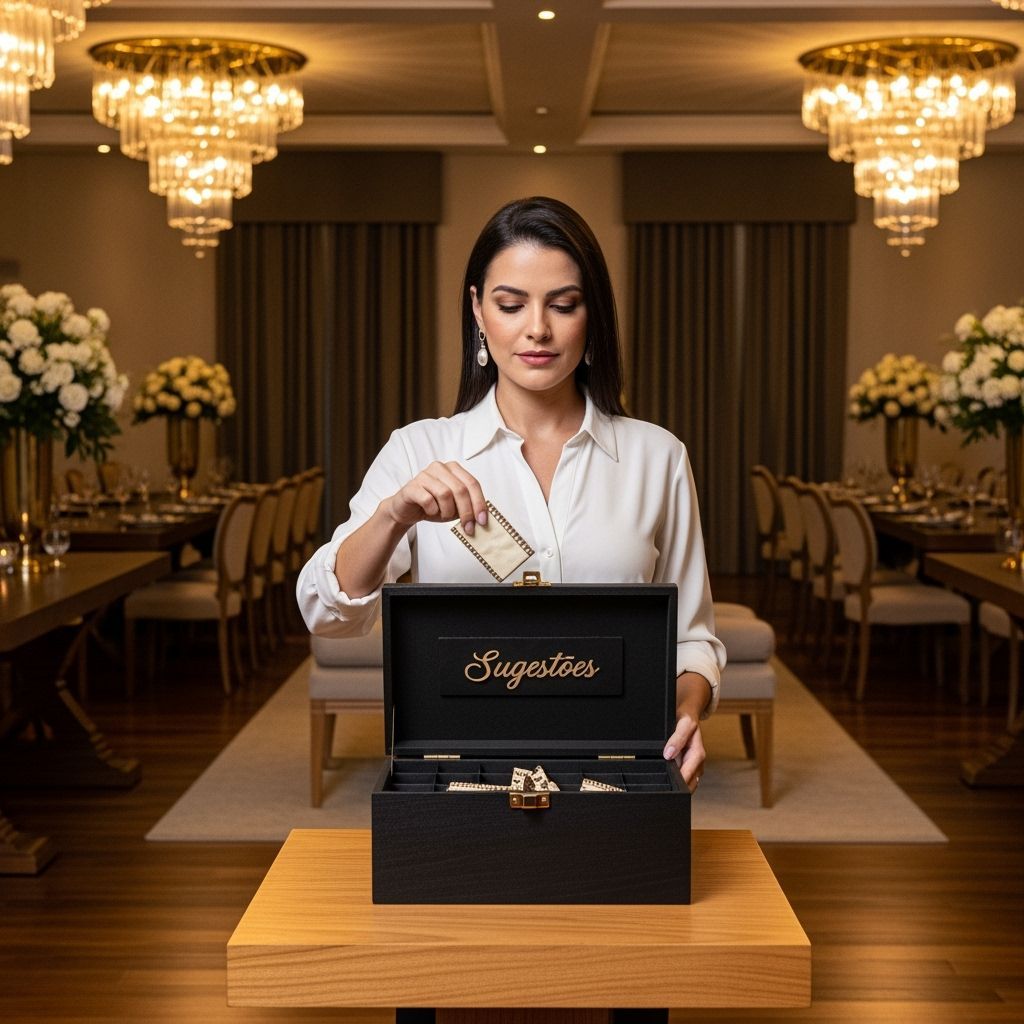 Elegant Woman Submits Suggestion in Ornate Event Hall