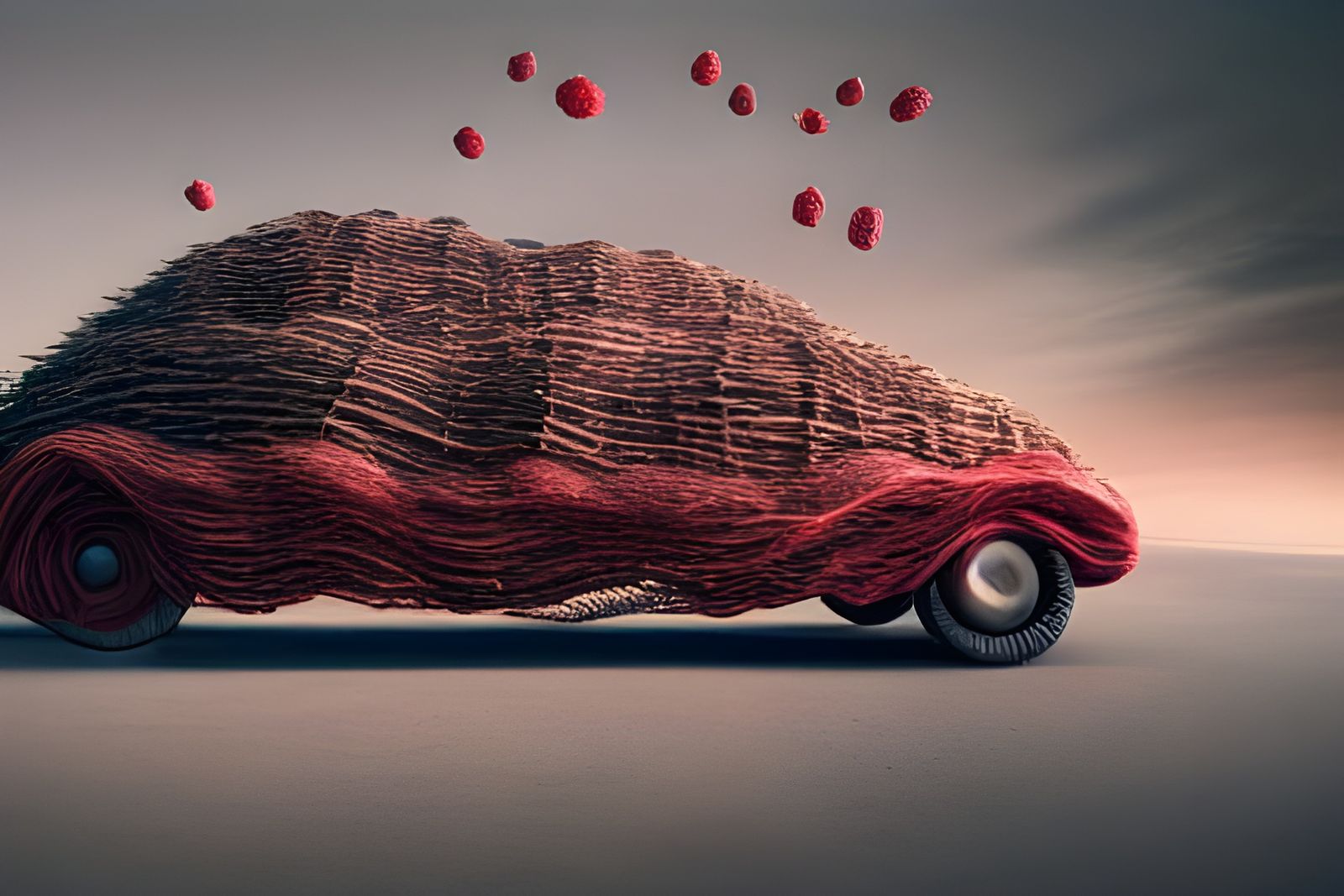 Woman Drives Raspberry Car in Surreal Style