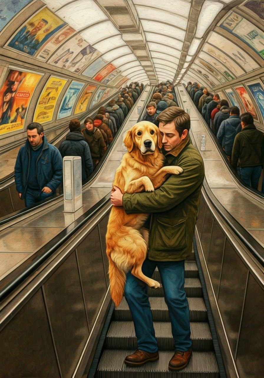 London Commute Scene with Frightened Dog