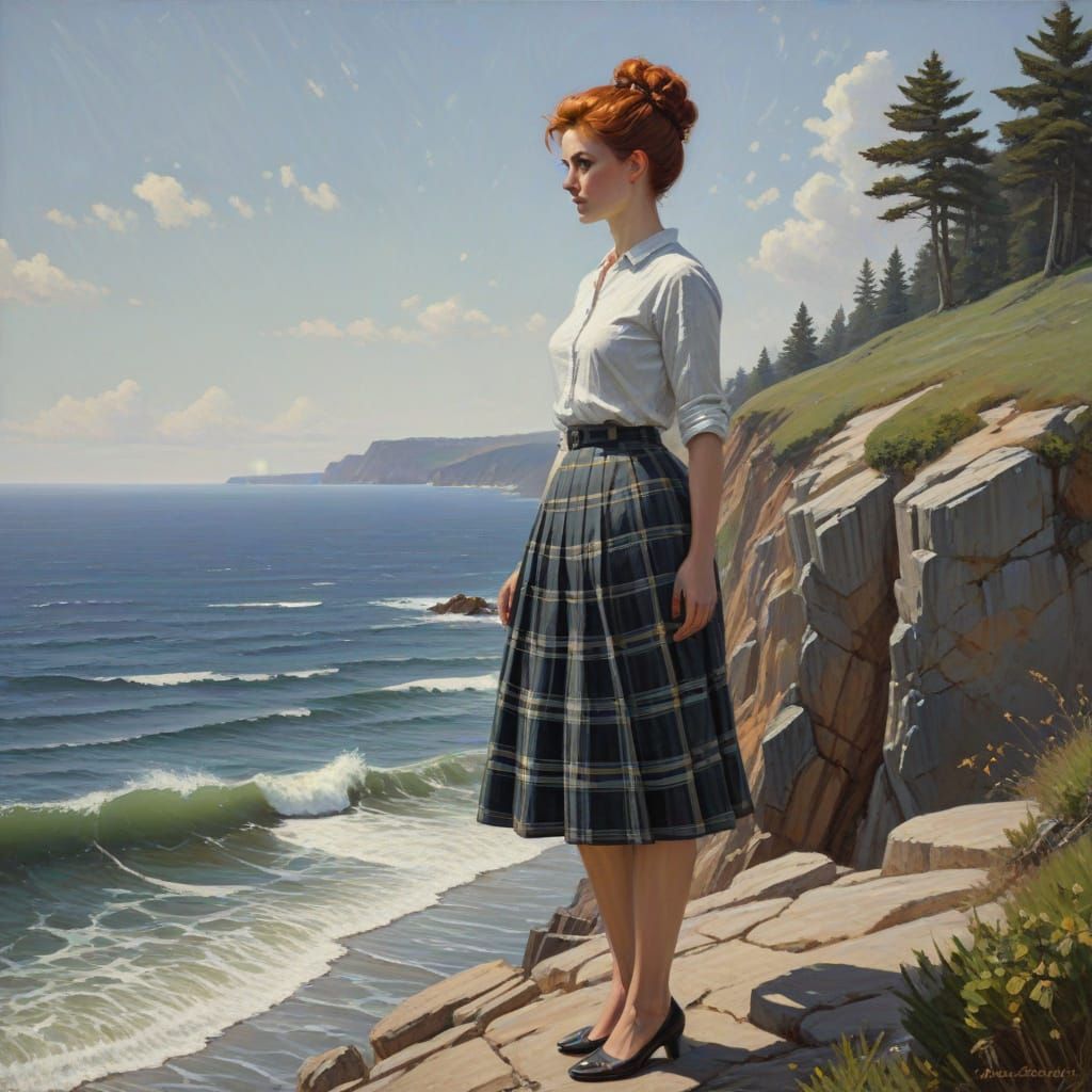 Woman on Cliff Overlooking Beach in Oil Painting Style