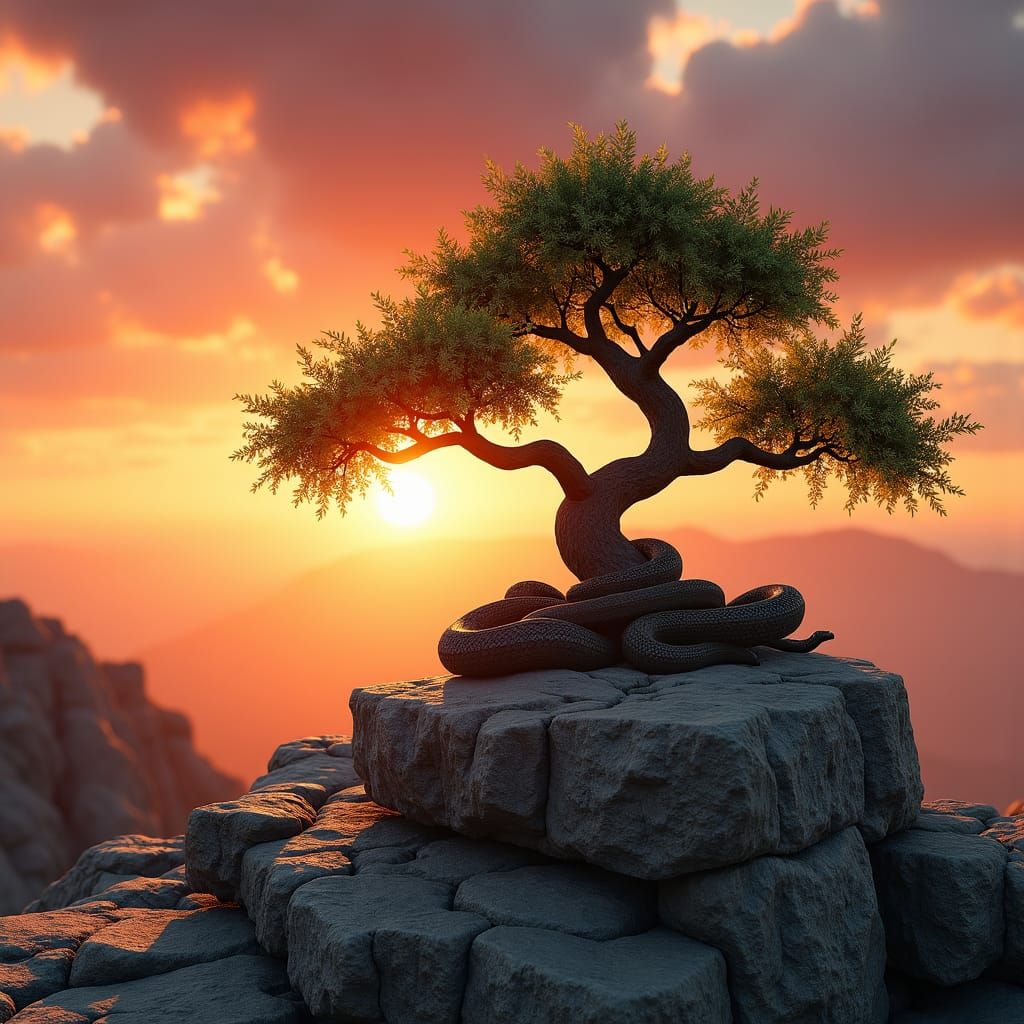 a stony summit, background sunset with red clouds.
A beautif...