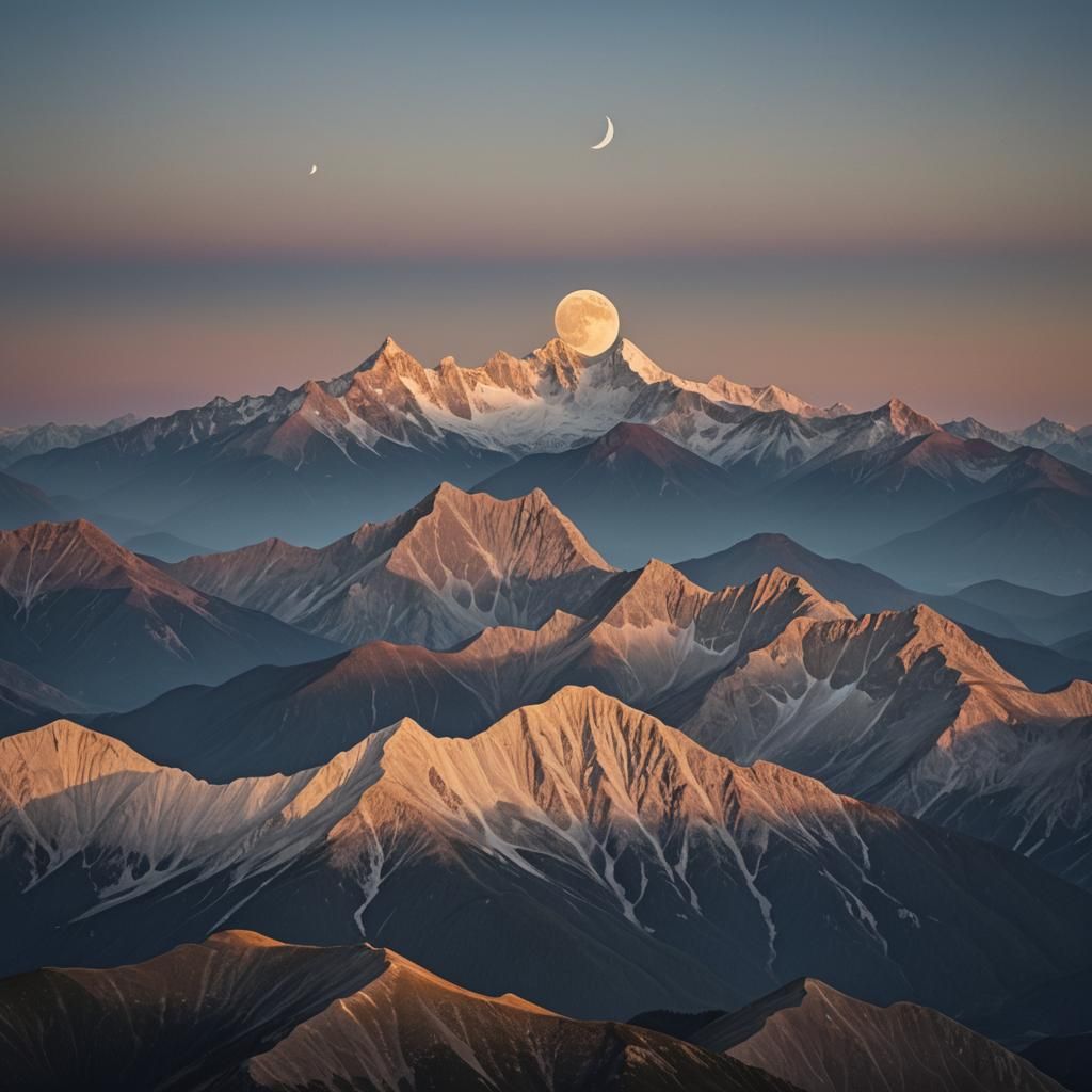 Majestic Mountain Range with Crescent Moonrise