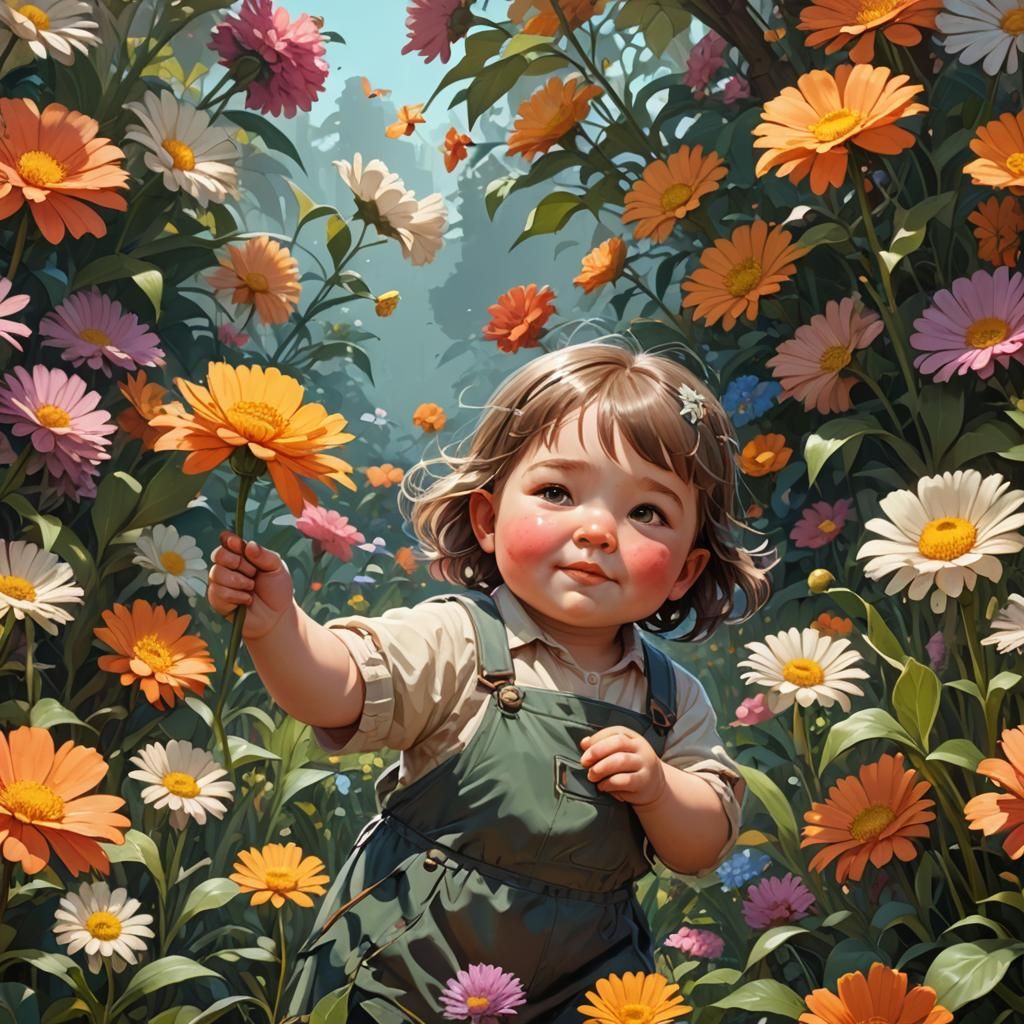 Chubby Toddler Picking Flower: Detailed Portrait