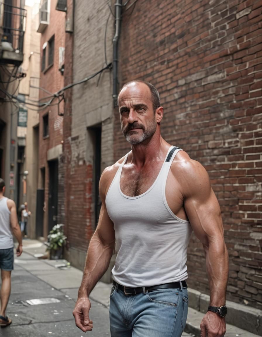 Hyper-Realistic Muscular Man in Alley, 8k