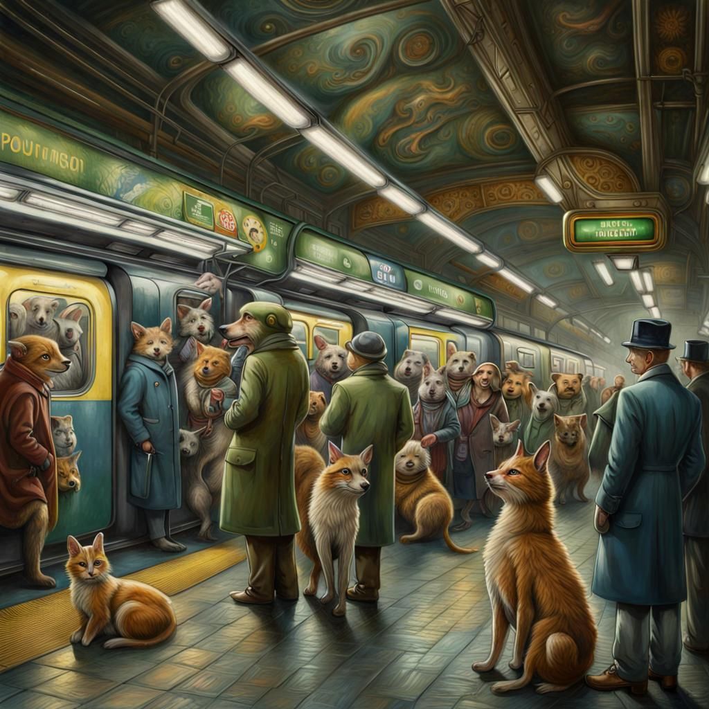 Anthropomorphic Animals Await Subway in Retro Painting
