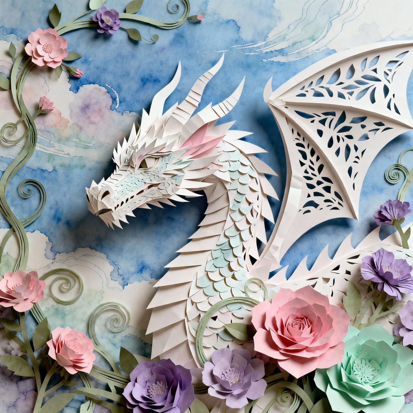 Paper Dragon Amidst Lush Vines and Flowers in Pastel Hues